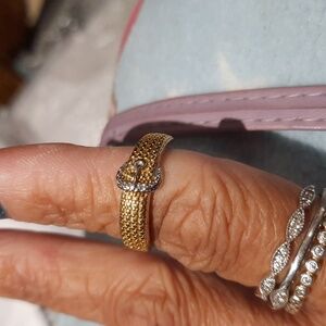 SOLID 14K YELLOW GOLD OVER STERLING SILVER DIAMOND 2-TONE BUCKLE RING 6.5